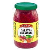Jar of Edmal Ukrainian Salad "Sałatka Ukraińska" - 900g, with a green lid and a colorful label showcasing various vegetables.